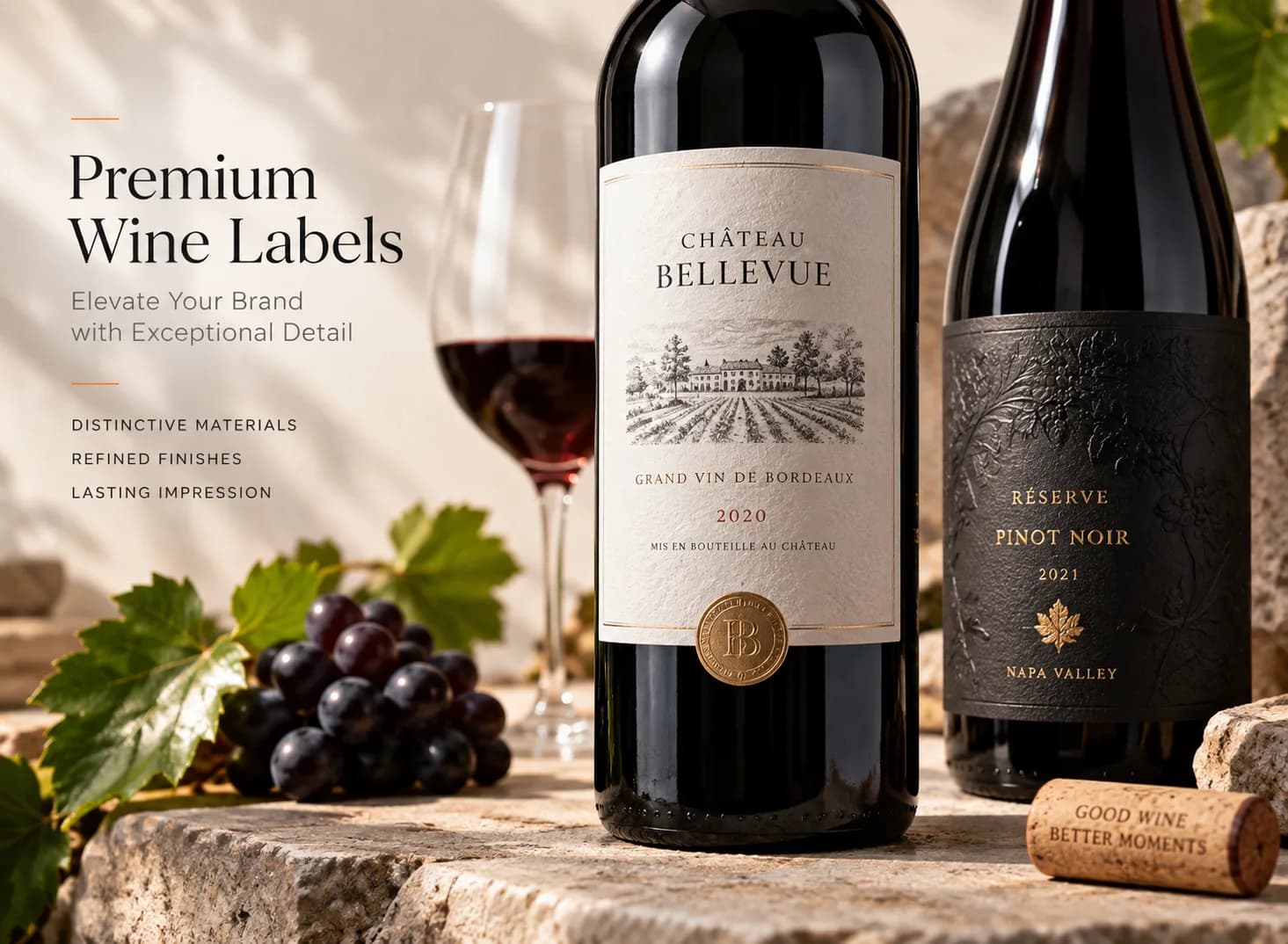 Wine bottle with a premium embossed and foil-stamped label